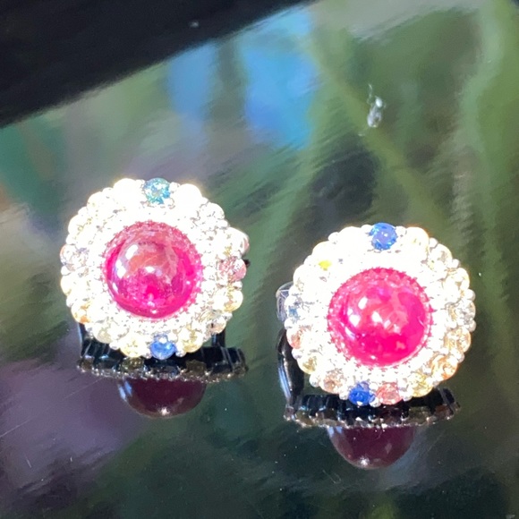 Classy Genuine Pigeon Blood Ruby & Sapphire Earrings - Picture 5 of 6